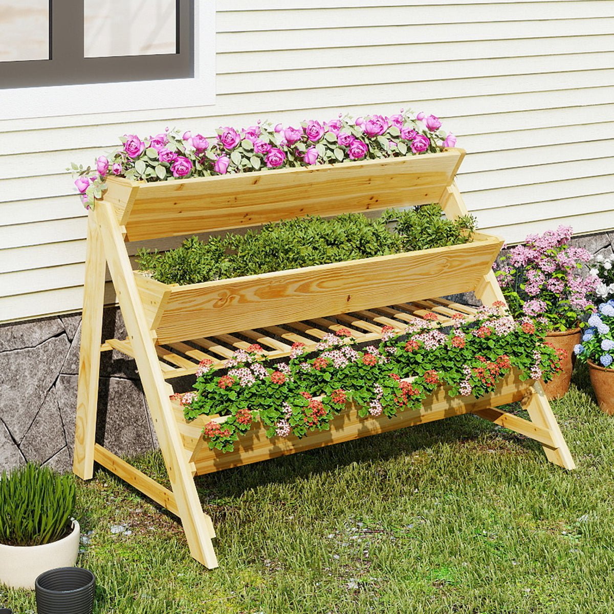 3-Tier Wooden Raised Garden Bed with Storage Shelf
