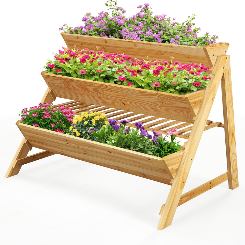 3-Tier Wooden Raised Garden Bed with Storage Shelf