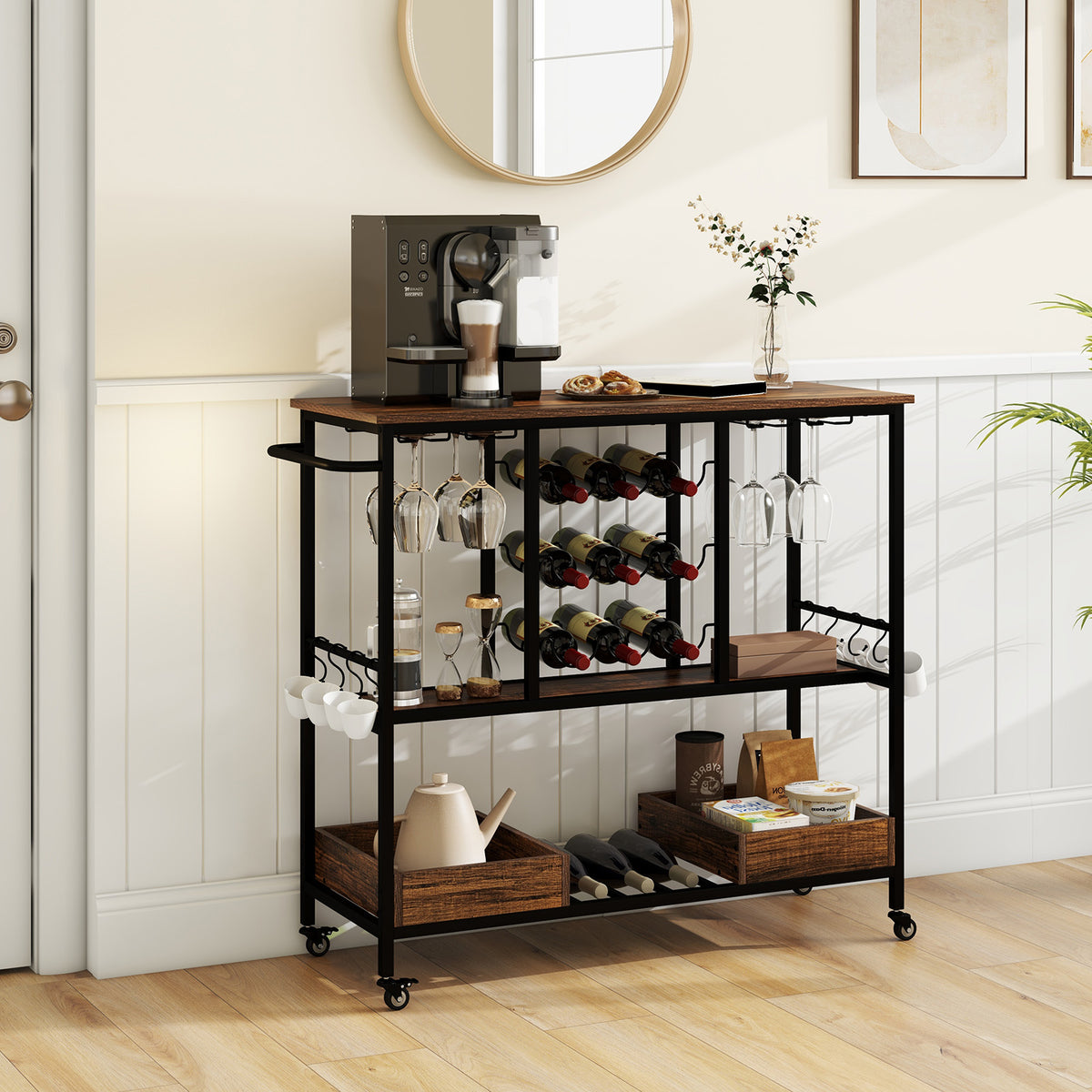 3-Tier Bar Cart on Wheels with Glass Racks, Rustic Brown