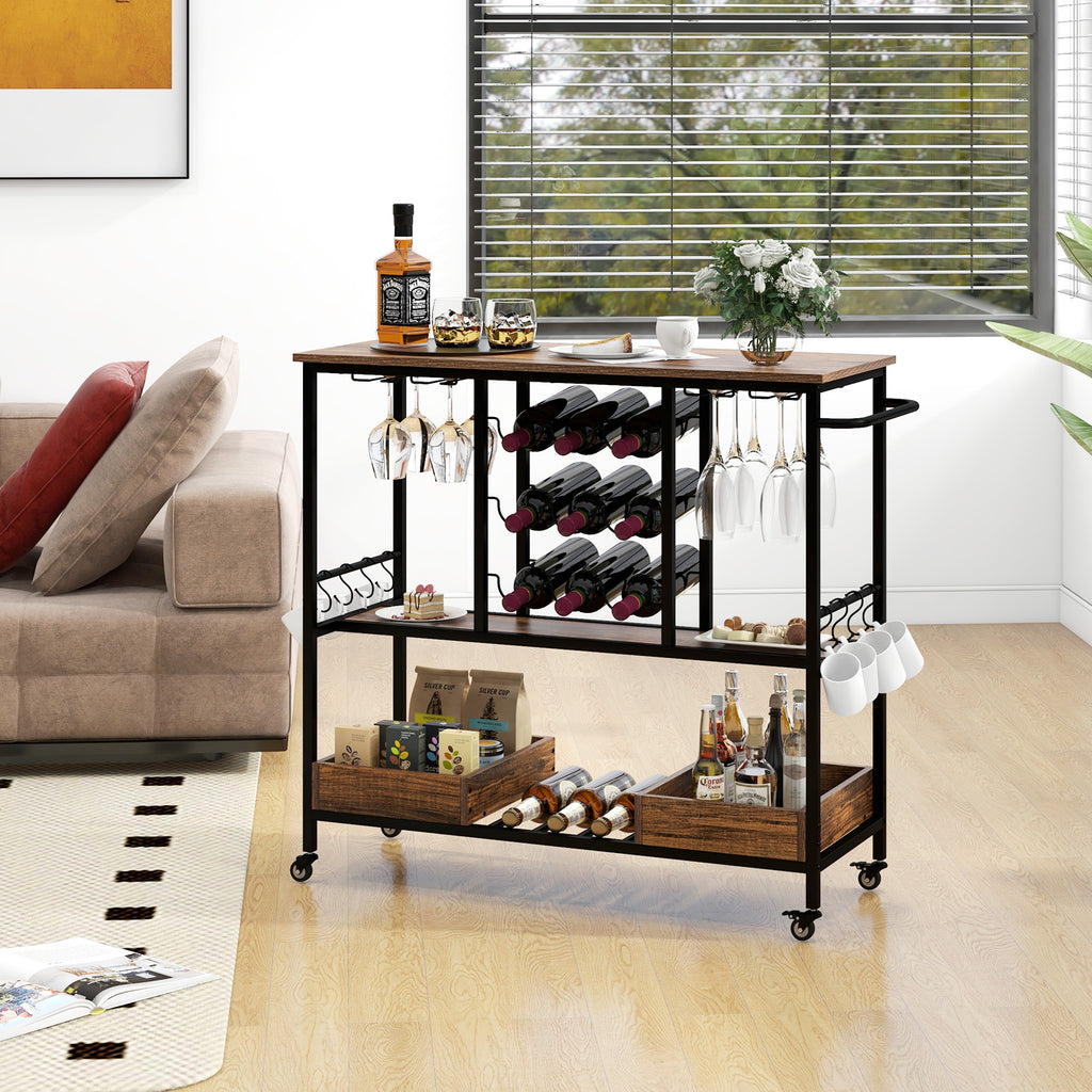 3-Tier Bar Cart on Wheels with Glass Racks, Rustic Brown