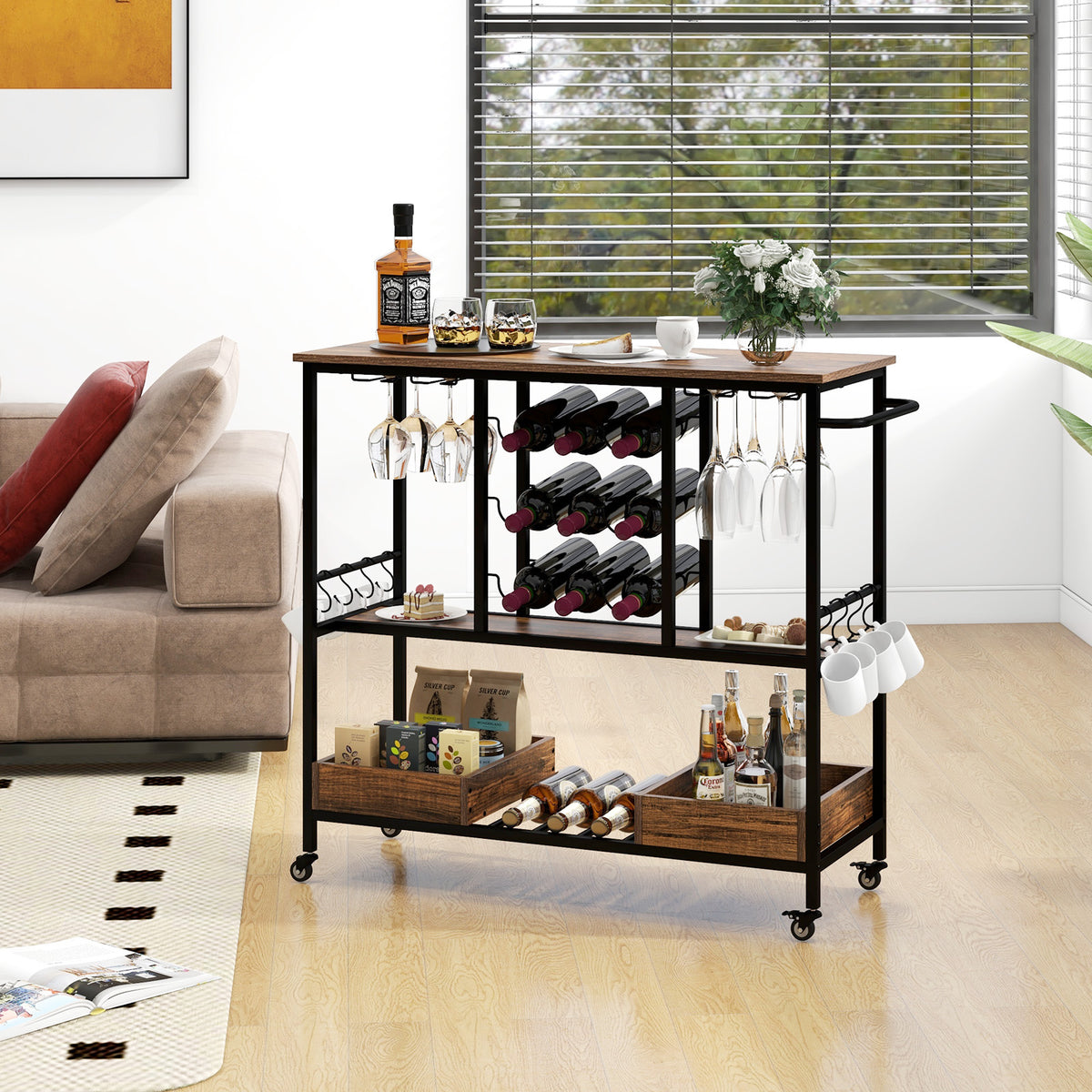 3-Tier Bar Cart on Wheels with Glass Racks, Rustic Brown