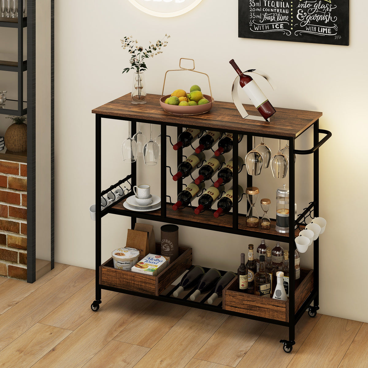 3-Tier Bar Cart on Wheels with Glass Racks, Rustic Brown