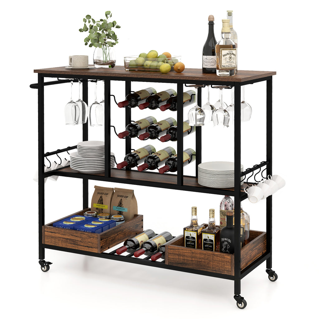 3-Tier Bar Cart on Wheels with Glass Racks, Rustic Brown