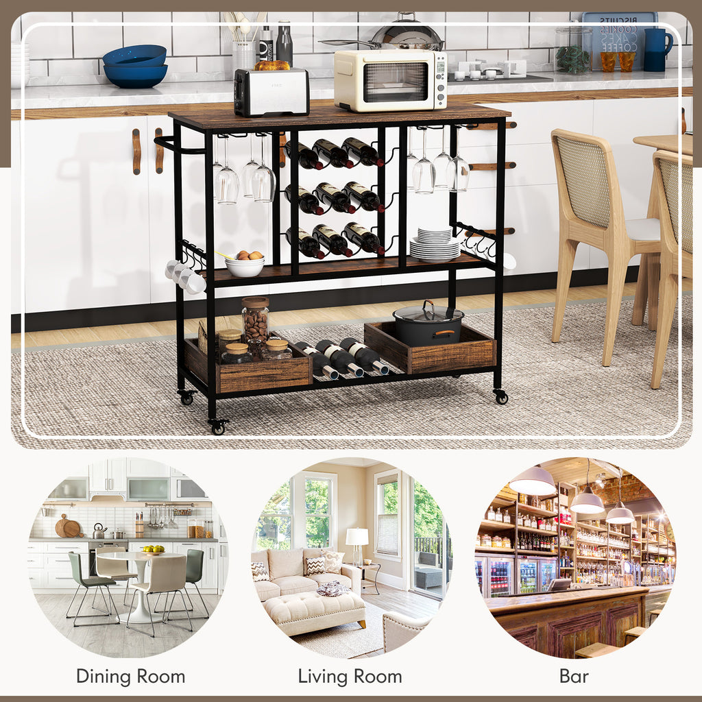 3-Tier Wine Bar Cart on Wheels with Glass Racks - Rustic Brown