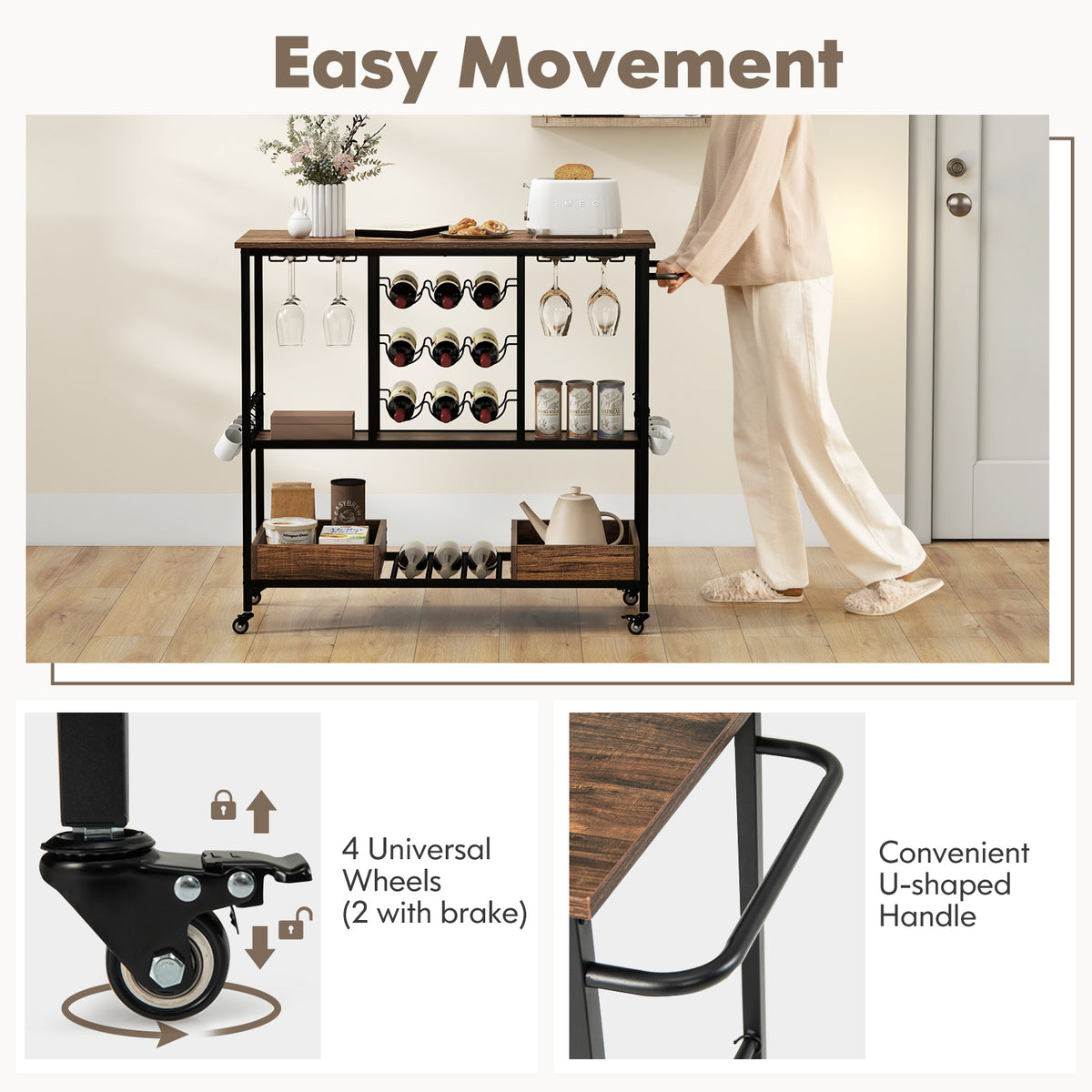3-Tier Bar Cart on Wheels with Glass Racks, Rustic Brown