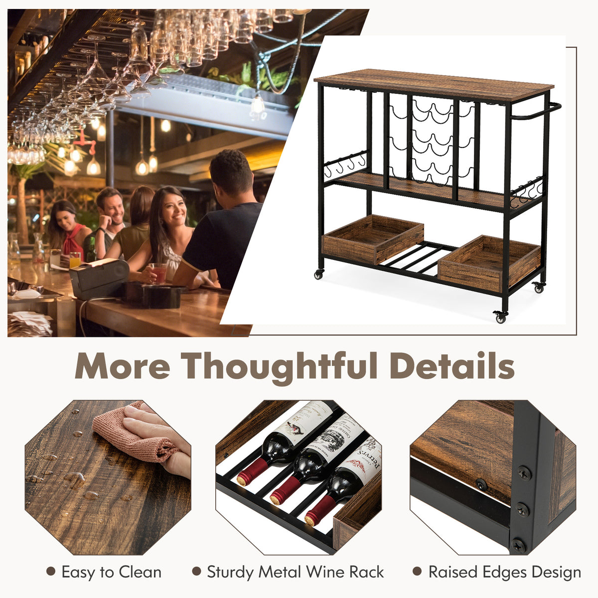 3-Tier Bar Cart on Wheels with Glass Racks, Rustic Brown