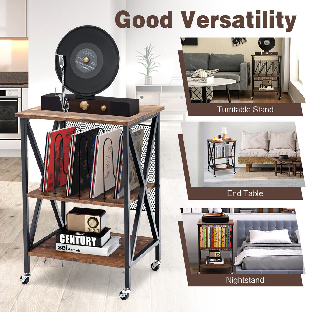 Vintage Rolling End Table with 3 Dividers for Albums - Brown