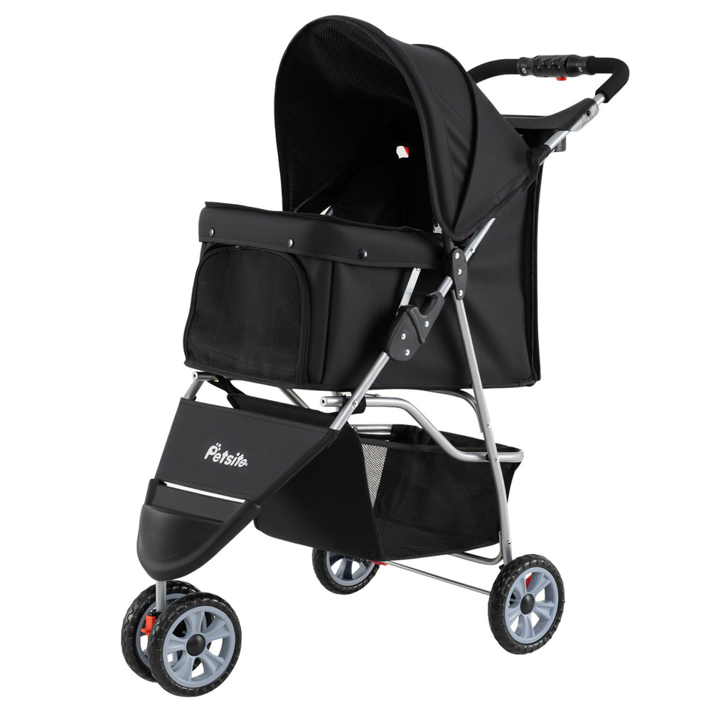 3 Wheel Pet Stroller for Small Dogs Cats Up to 33 LBS with Bottom Basket Foldable Black