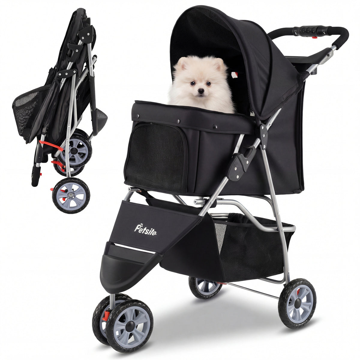 3 Wheel Pet Stroller for Small Dogs Cats Up to 33 LBS with Bottom Basket Foldable Black