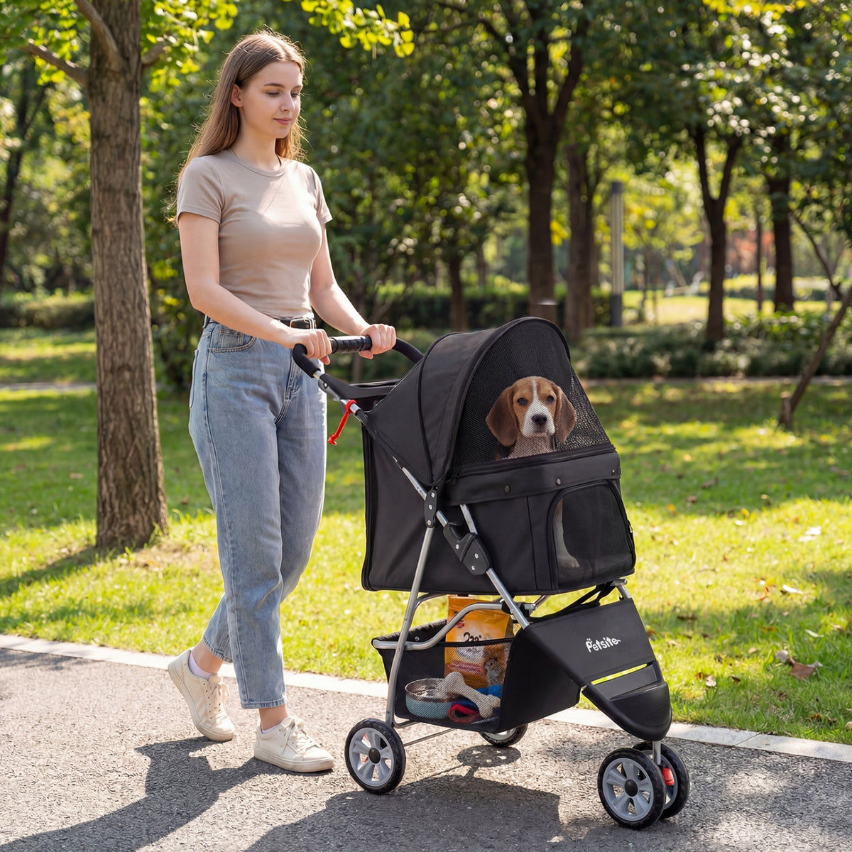 3 Wheel Pet Stroller for Small Dogs Cats Up to 33 LBS with Bottom Basket Foldable Black