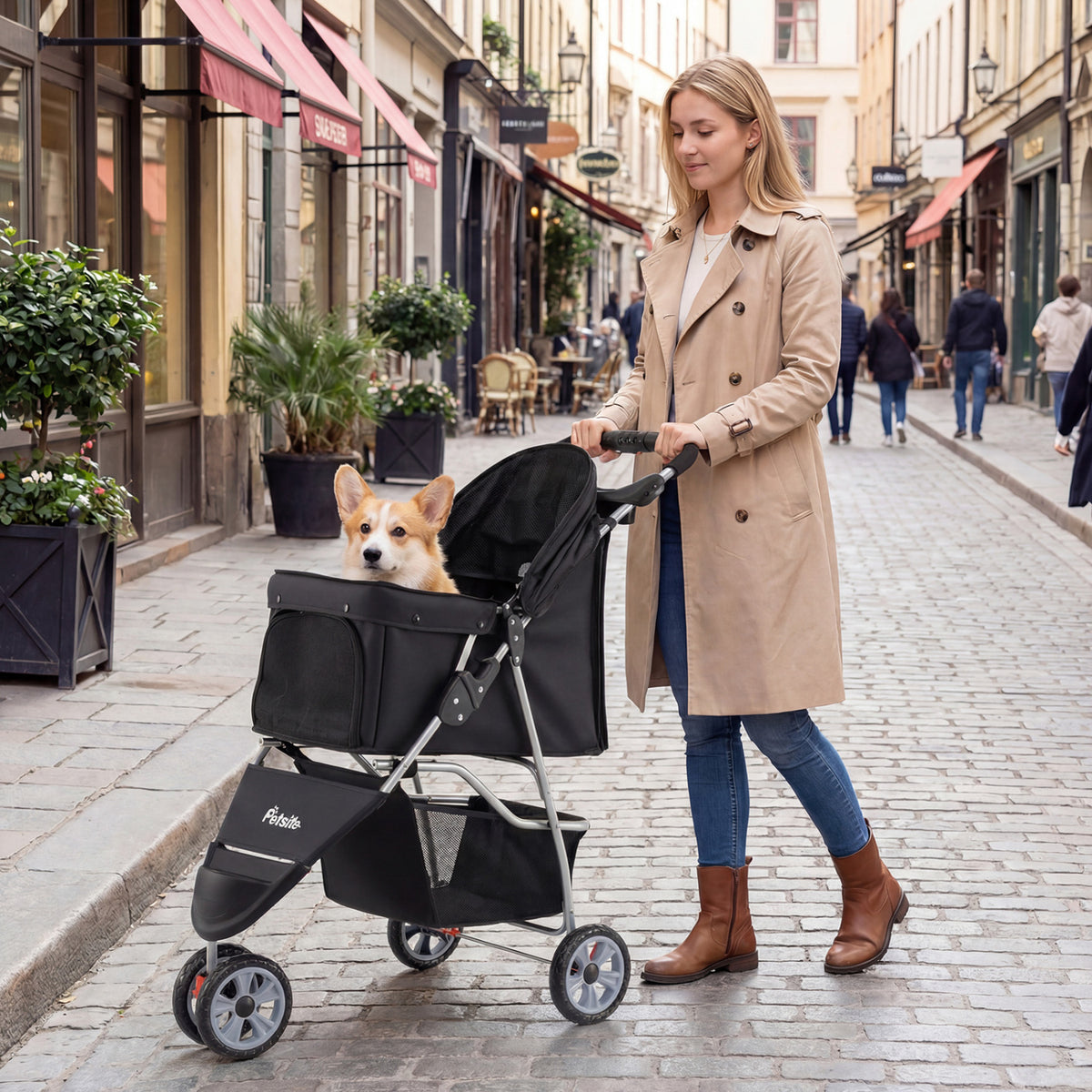 3 Wheel Pet Stroller for Small Dogs Cats Up to 33 LBS with Bottom Basket Foldable Black