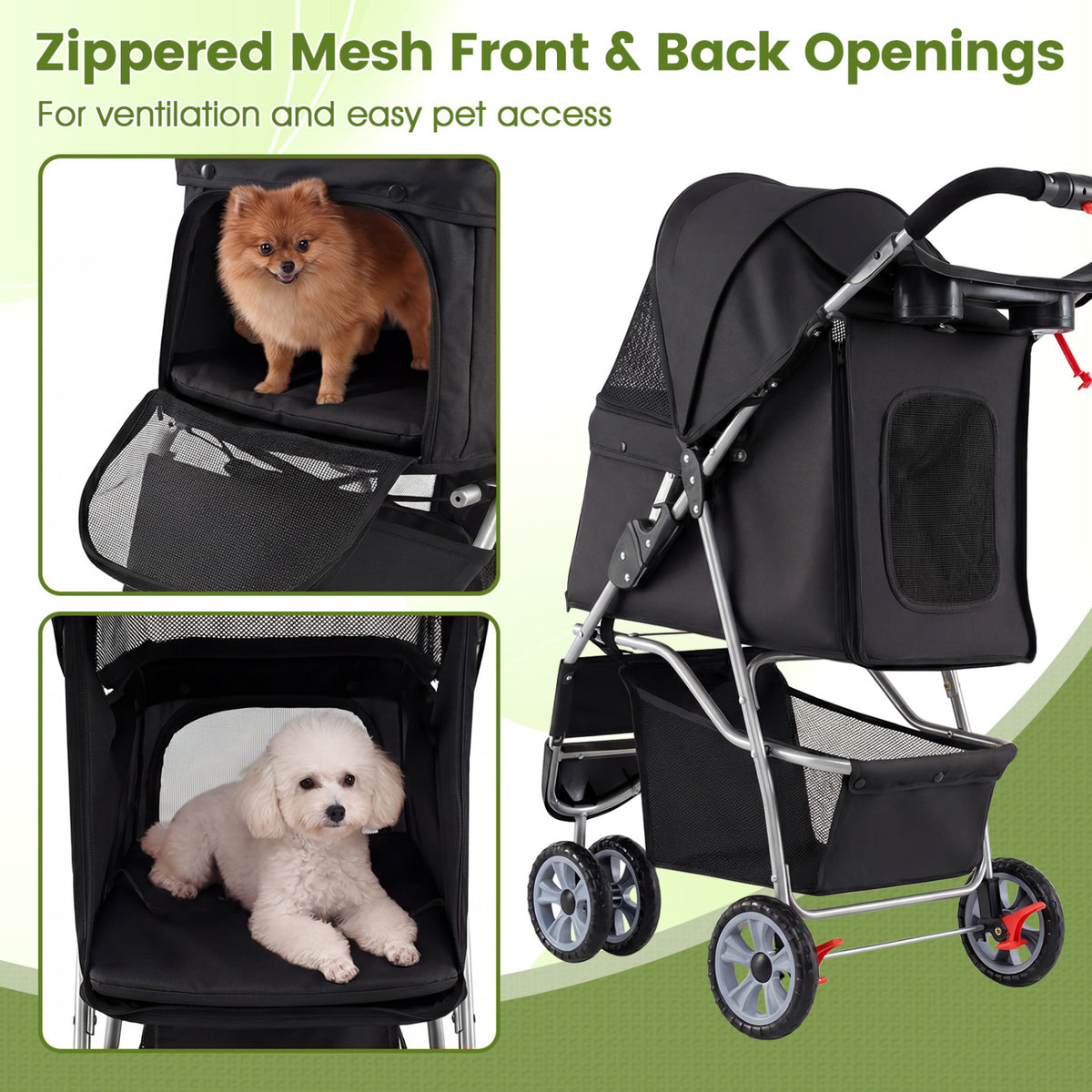 3 Wheel Pet Stroller for Small Dogs Cats Up to 33 LBS with Bottom Basket Foldable Black