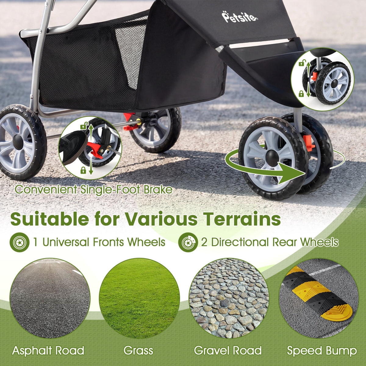 3 Wheel Pet Stroller for Small Dogs Cats Up to 33 LBS with Bottom Basket Foldable Black