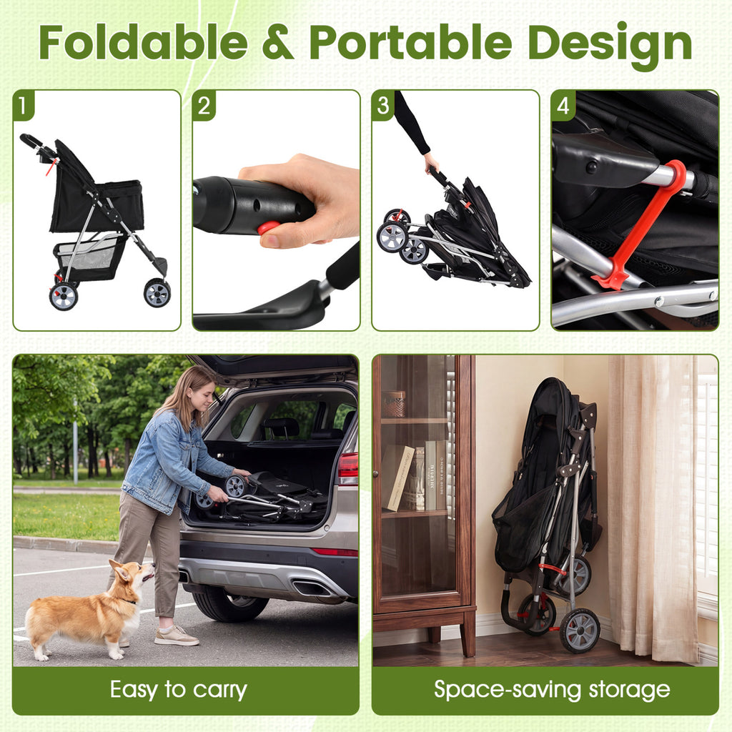 3 Wheel Pet Stroller for Small Dogs Cats Up to 33 LBS with Bottom Basket Foldable Black