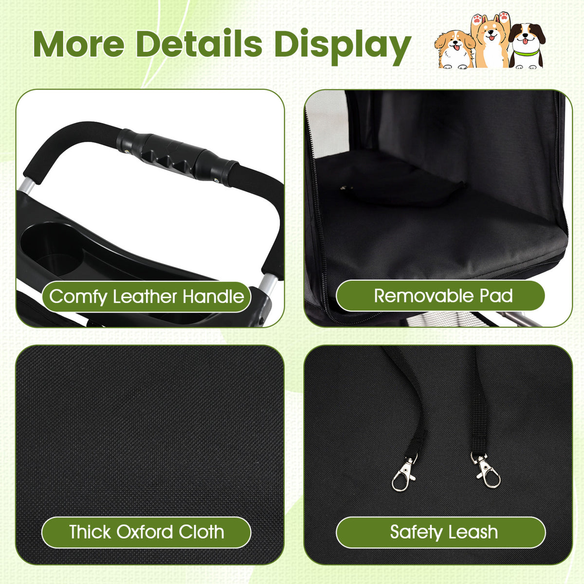 3 Wheel Pet Stroller for Small Dogs Cats Up to 33 LBS with Bottom Basket Foldable Black