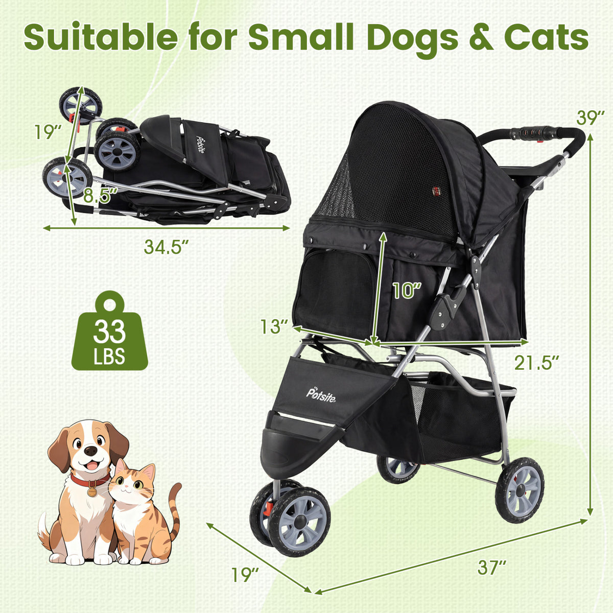 3 Wheel Pet Stroller for Small Dogs Cats Up to 33 LBS with Bottom Basket Foldable Black