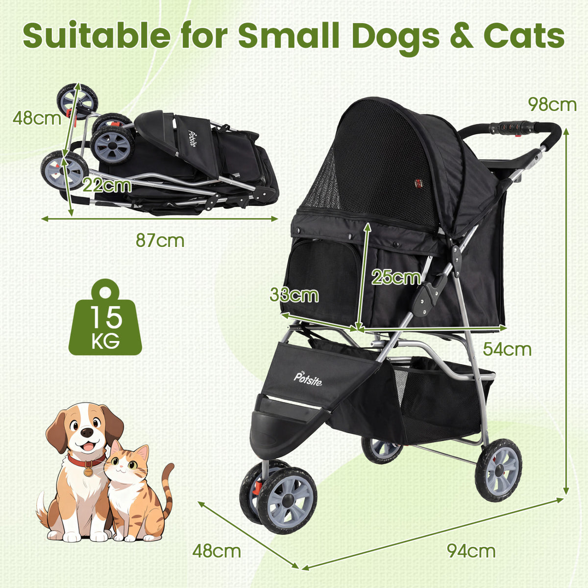 3 Wheel Pet Stroller for Small Dogs Cats Up to 33 LBS with Bottom Basket Foldable Black