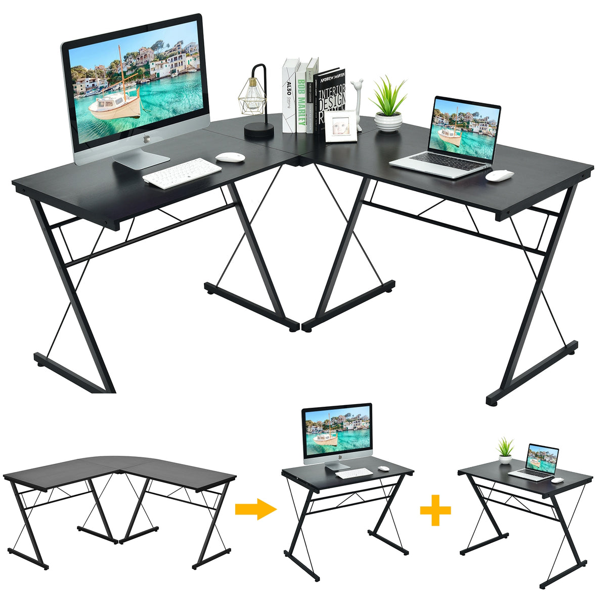 59 Inch L-Shaped Corner Computer Desk - Black