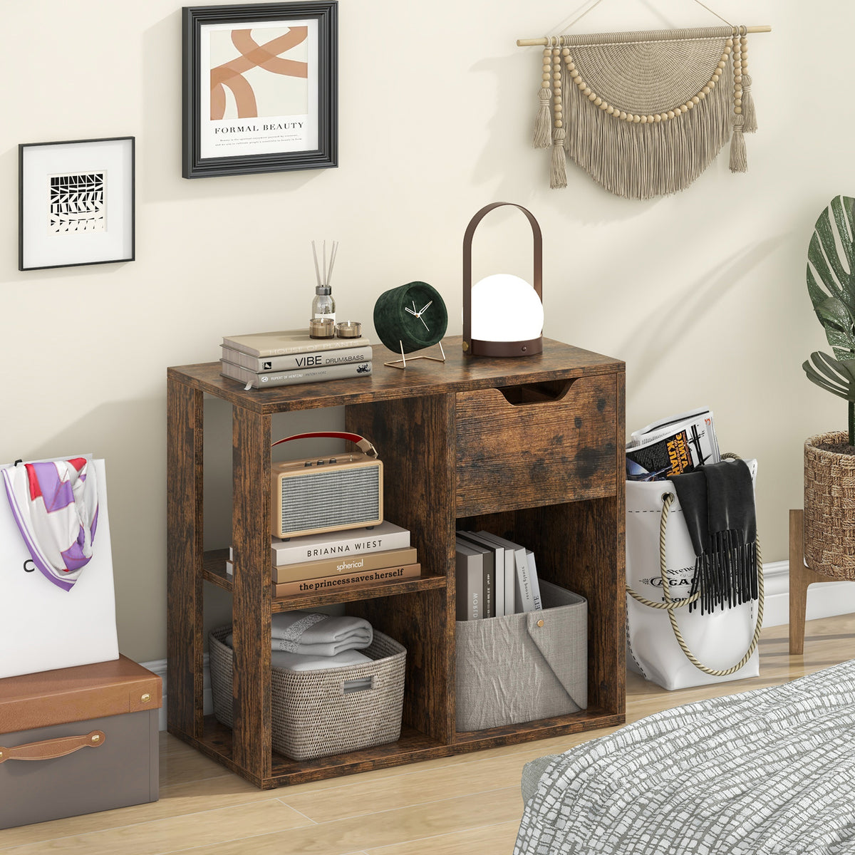 3-Cube Bookcase with Drawer & Shelves, Brown