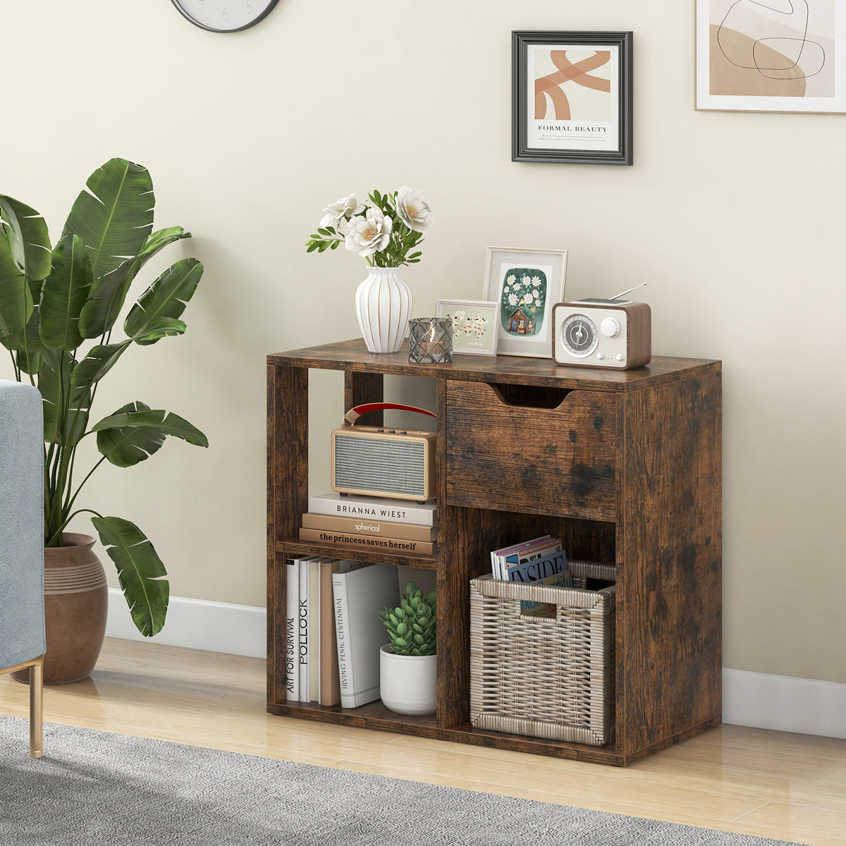 3-Cube Bookcase with Drawer & Shelves, Brown