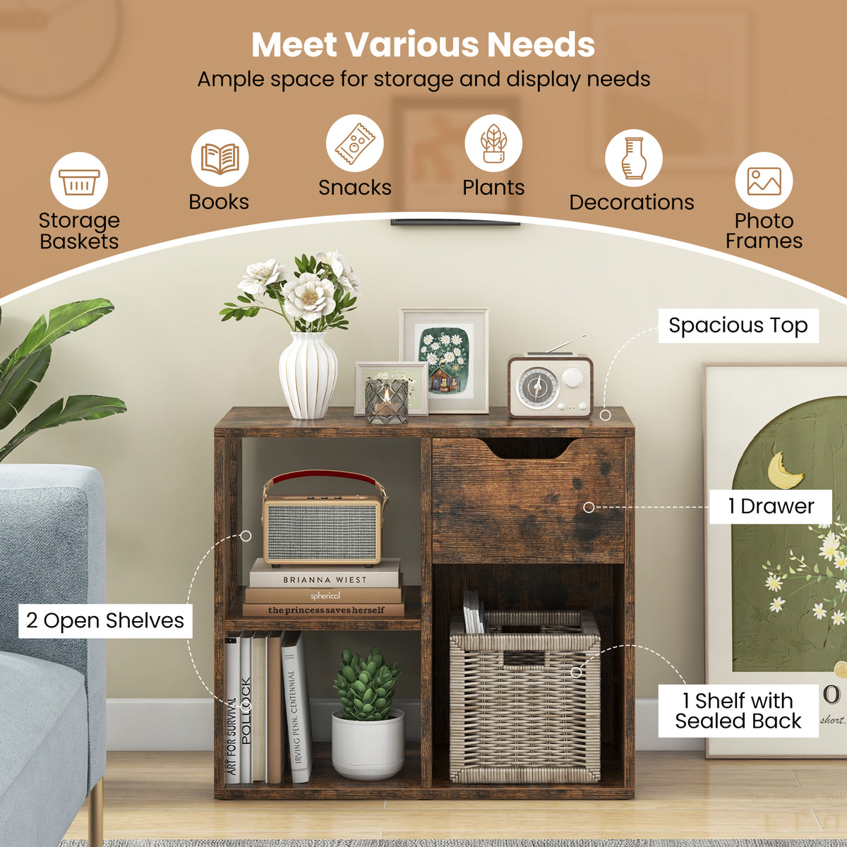 3-Cube Bookcase with Drawer & Shelves, Brown