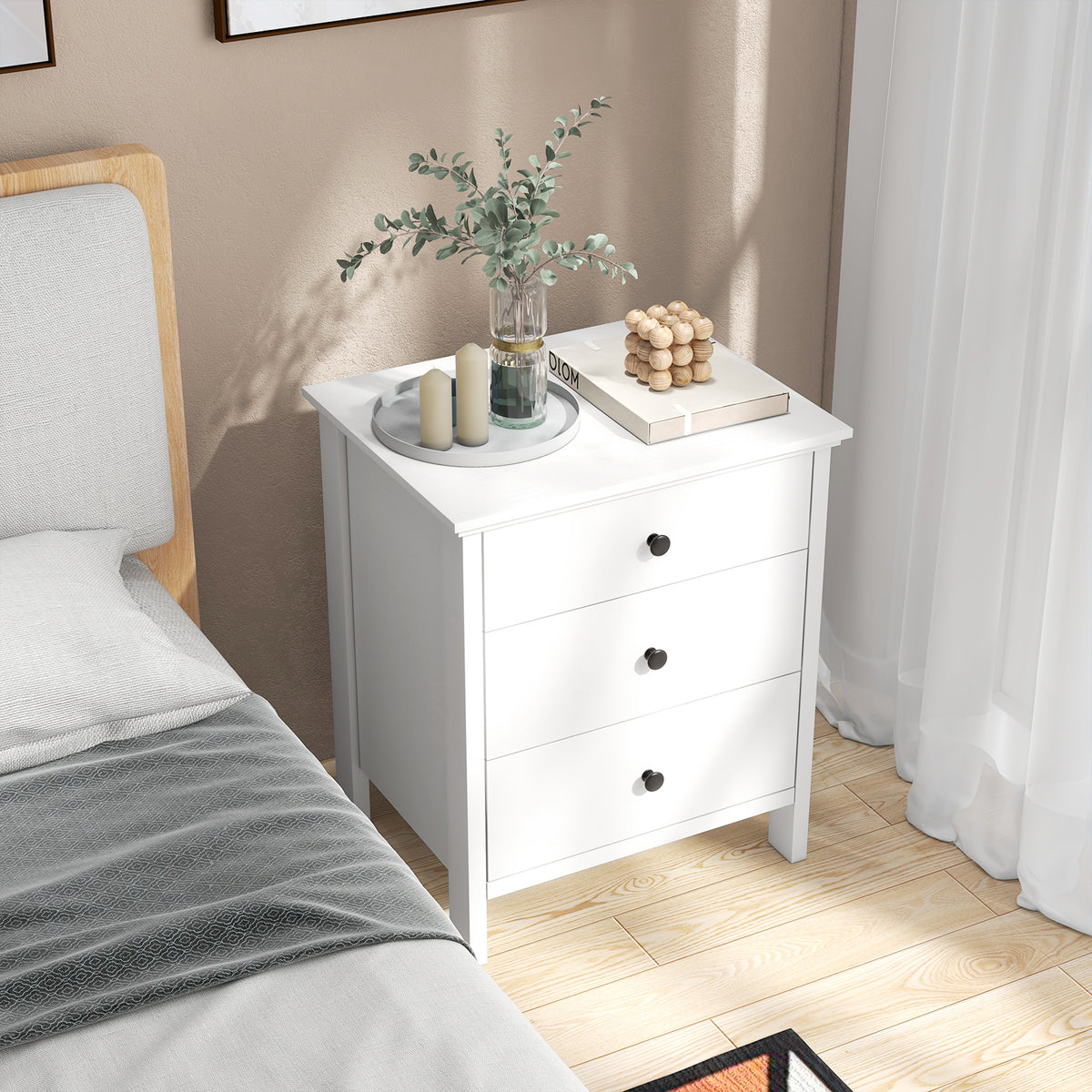 3-Drawer Wooden Nightstand, White