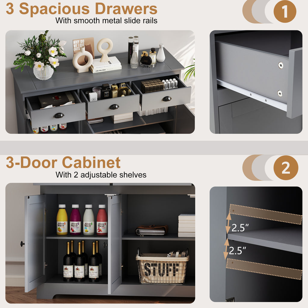 3-Drawer Sideboard Buffet Storage with Shelves - Gray