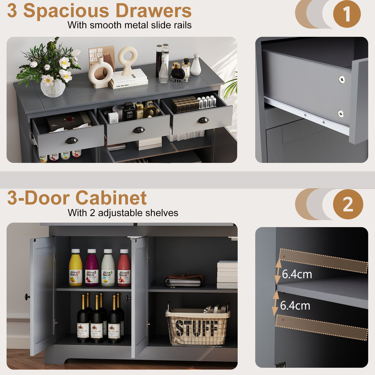 3-Drawer Sideboard Buffet Storage with Shelves - Gray