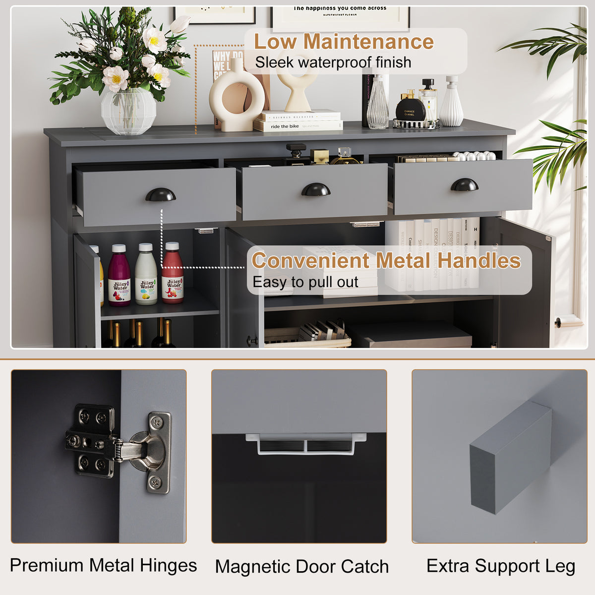 3-Drawer Sideboard Buffet Storage with Shelves - Gray