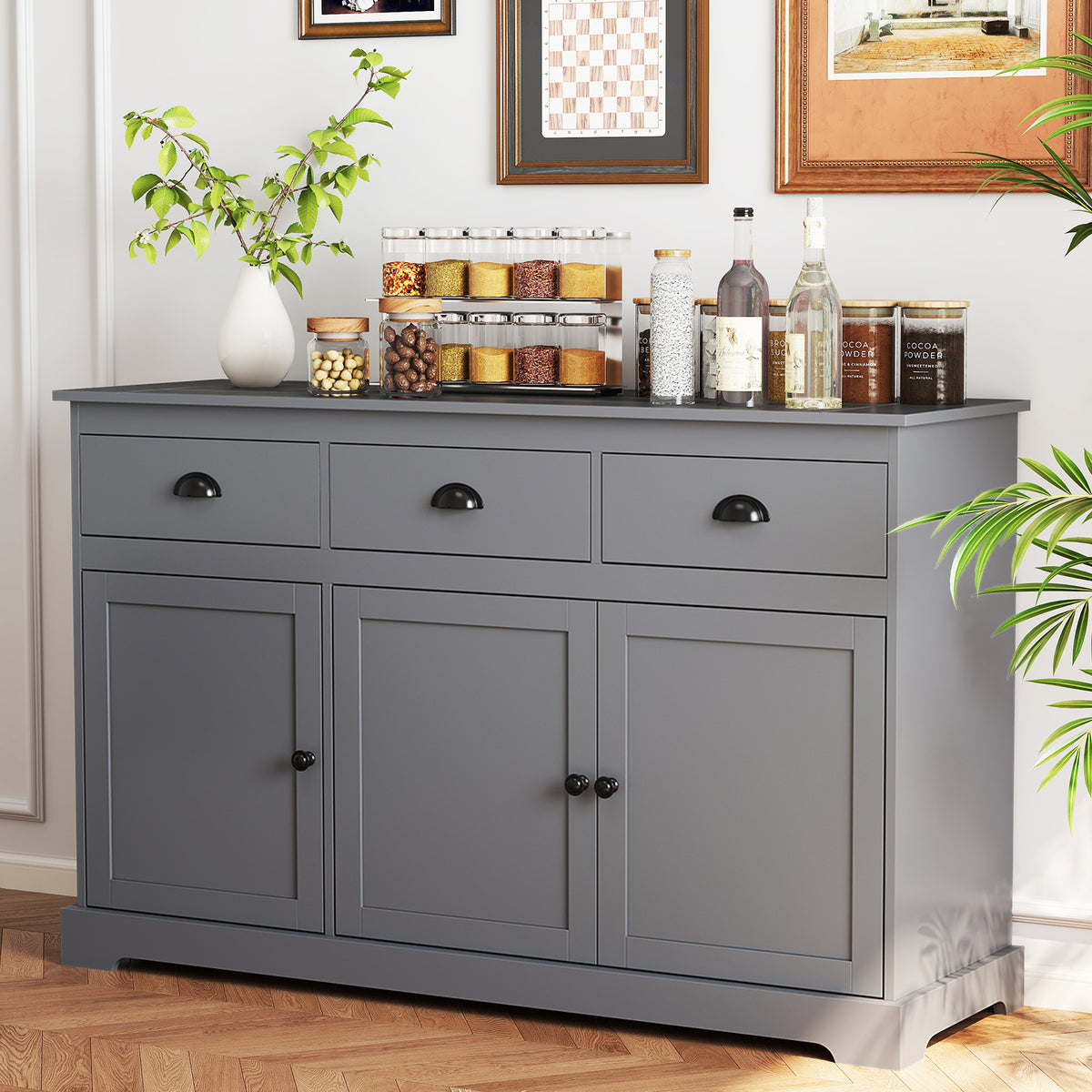 3-Drawer Sideboard Buffet Storage with Shelves - Gray