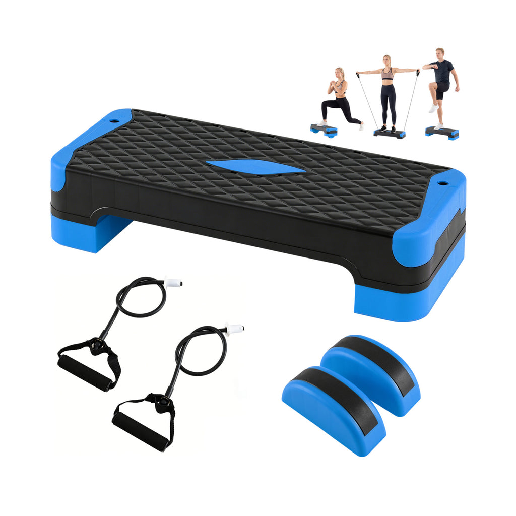3-in-1 Aerobic Step Platform Set with Risers, Balance Trainers & Resistance Bands - Blue Variation