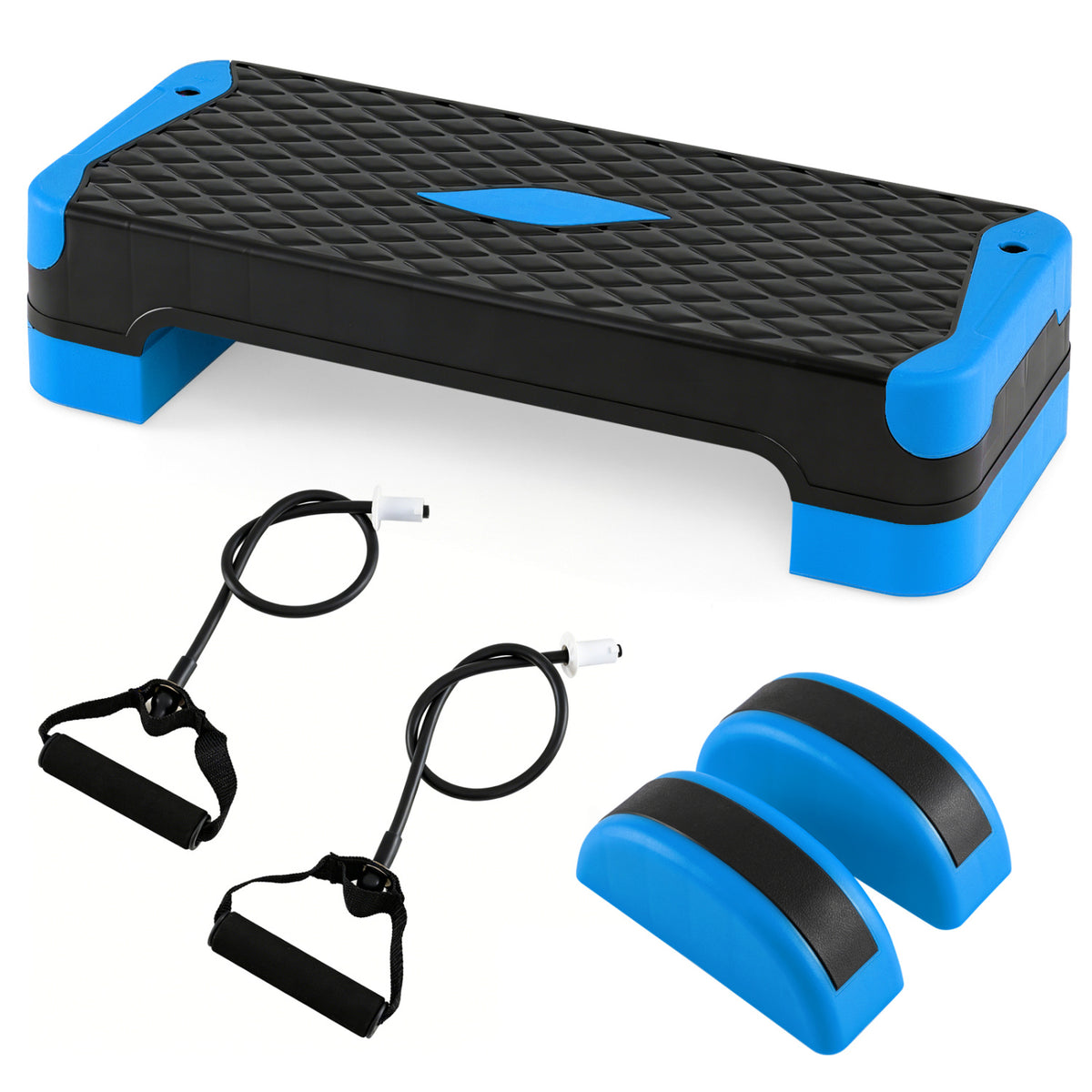 3-in-1 Aerobic Step Platform Set with Risers, Balance Trainers & Resistance Bands - Blue Variation