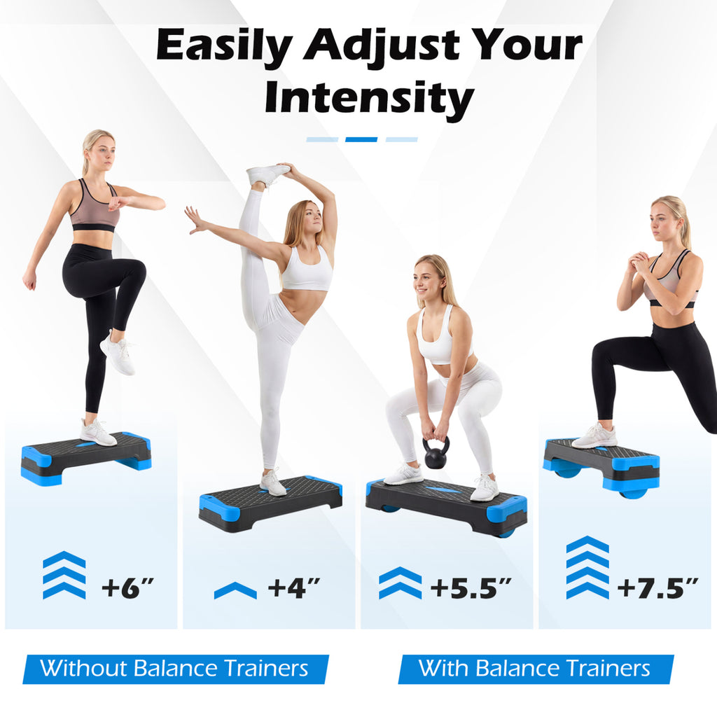 3-in-1 Aerobic Step Platform Set with Risers, Balance Trainers & Resistance Bands - Blue Variation