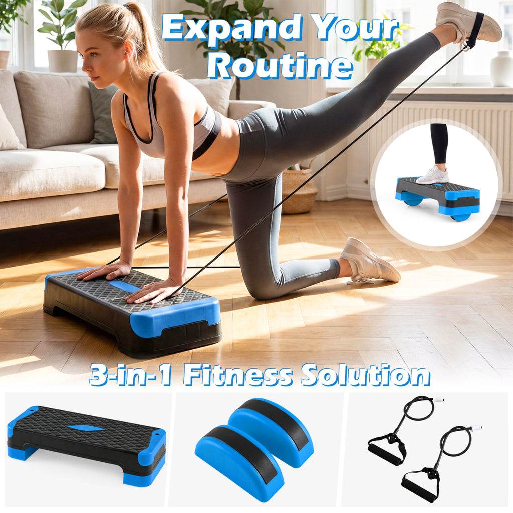 3-in-1 Aerobic Step Platform Set with Risers, Balance Trainers & Resistance Bands - Blue Variation