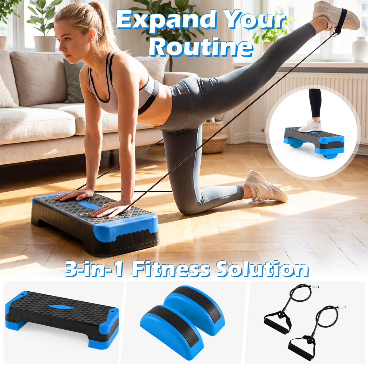 3-in-1 Aerobic Step Platform Set with Risers, Balance Trainers & Resistance Bands - Blue Variation