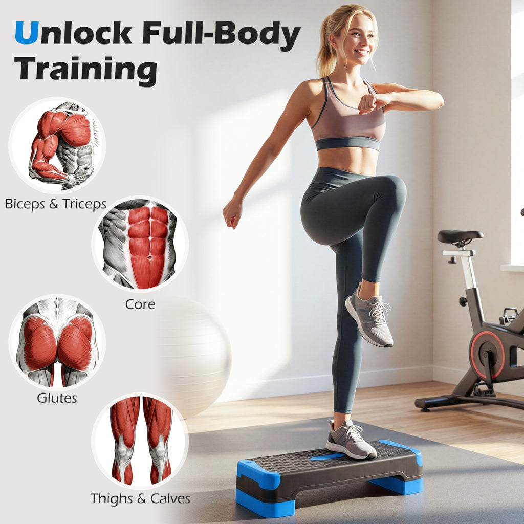 3-in-1 Aerobic Step Platform Set with Risers, Balance Trainers & Resistance Bands - Blue Variation