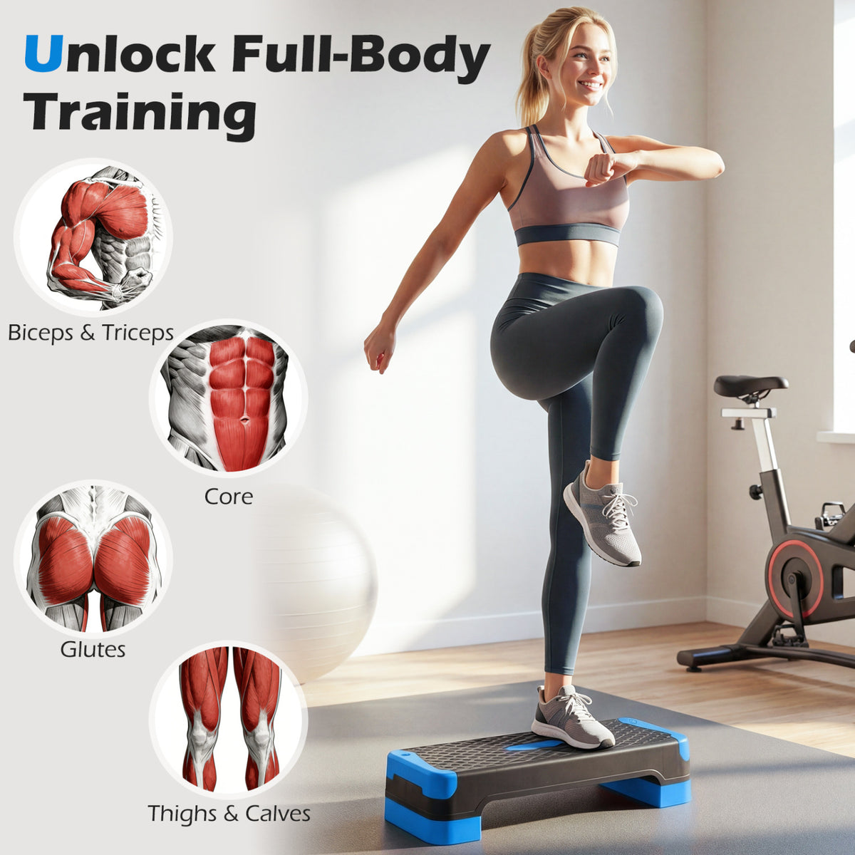 3-in-1 Aerobic Step Platform Set with Risers, Balance Trainers & Resistance Bands - Blue Variation