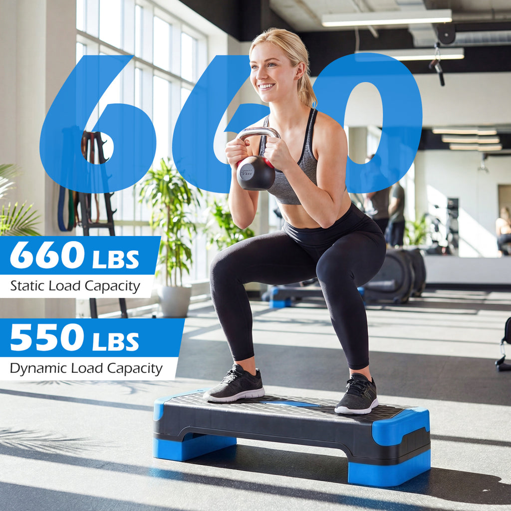 3-in-1 Aerobic Step Platform Set with Risers, Balance Trainers & Resistance Bands - Blue Variation