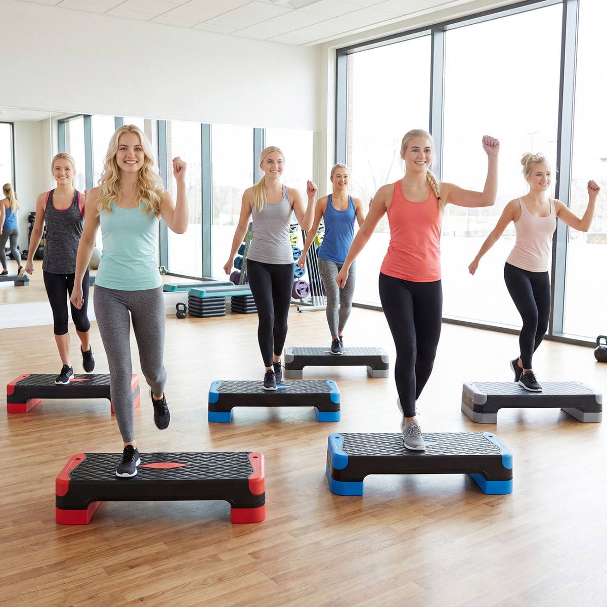 3-in-1 Aerobic Step Platform Set with Risers, Balance Trainers & Resistance Bands - Red Variation