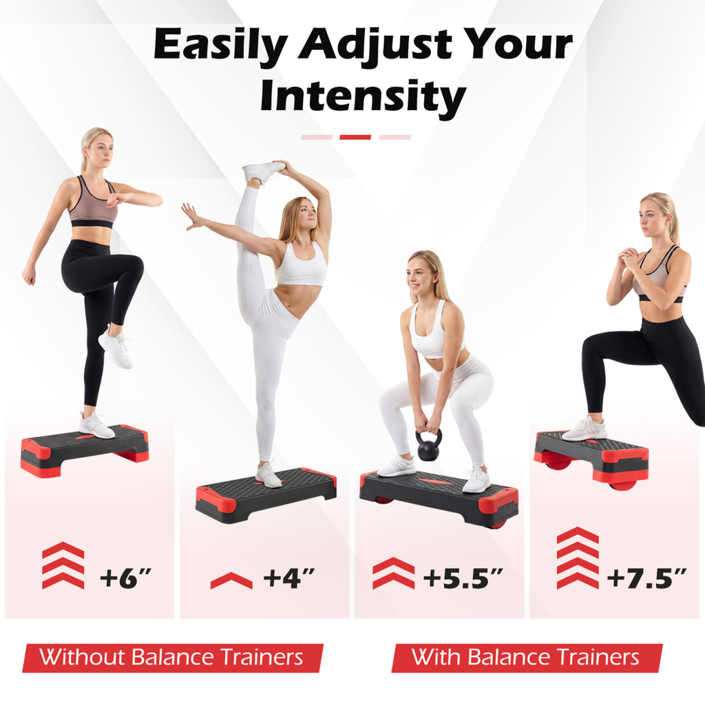 3-in-1 Aerobic Step Platform Set with Risers, Balance Trainers & Resistance Bands - Red Variation