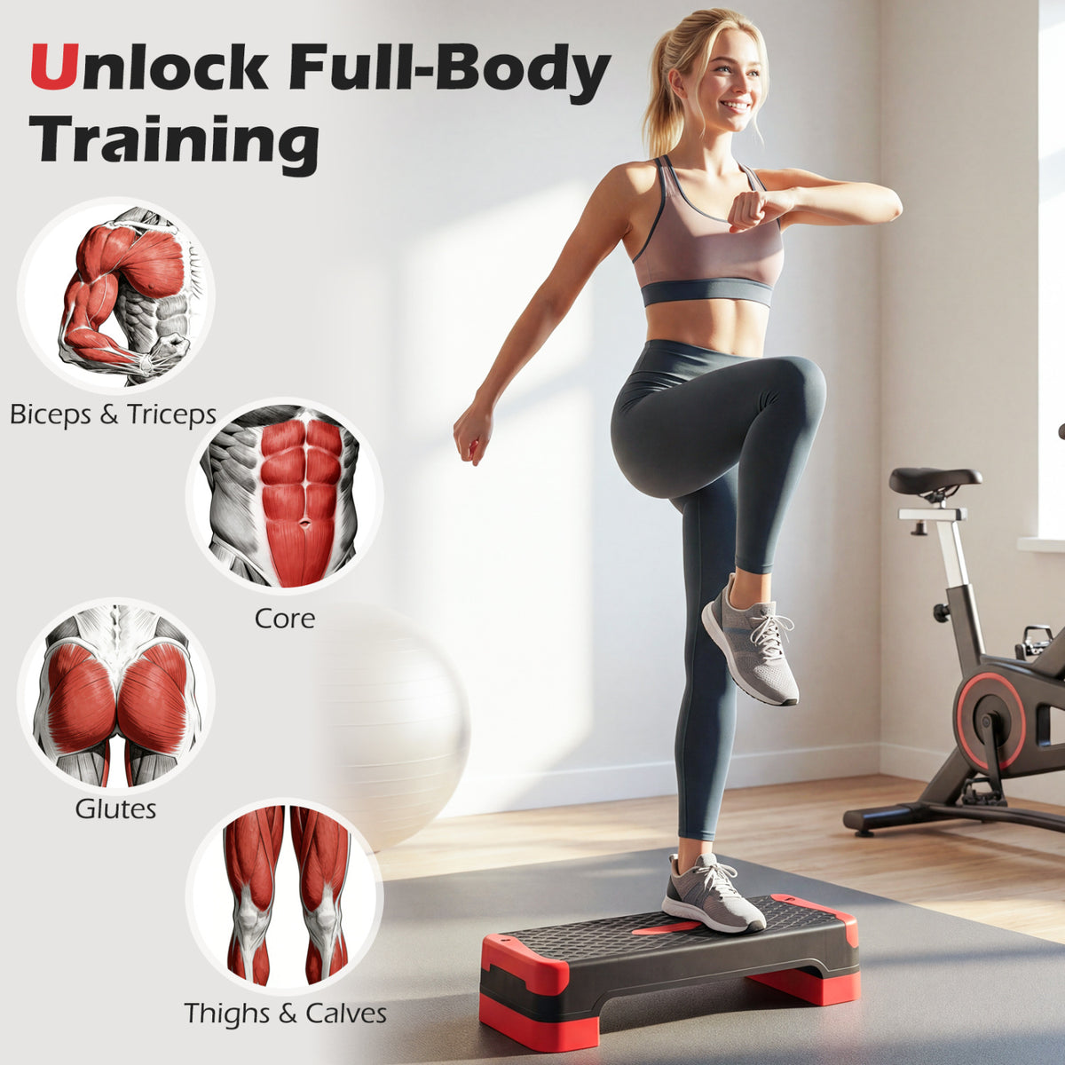 3-in-1 Aerobic Step Platform Set with Risers, Balance Trainers & Resistance Bands - Red Variation