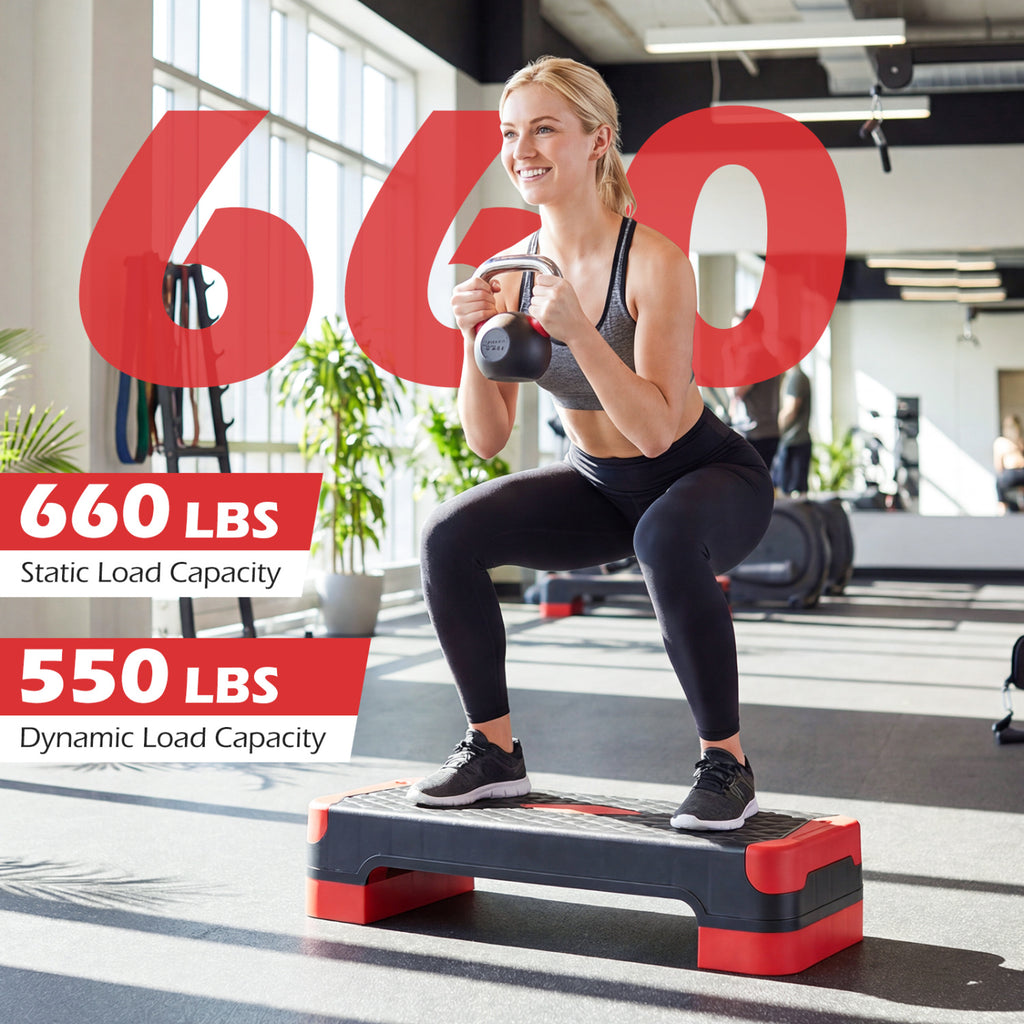 3-in-1 Aerobic Step Platform Set with Risers, Balance Trainers & Resistance Bands - Red Variation