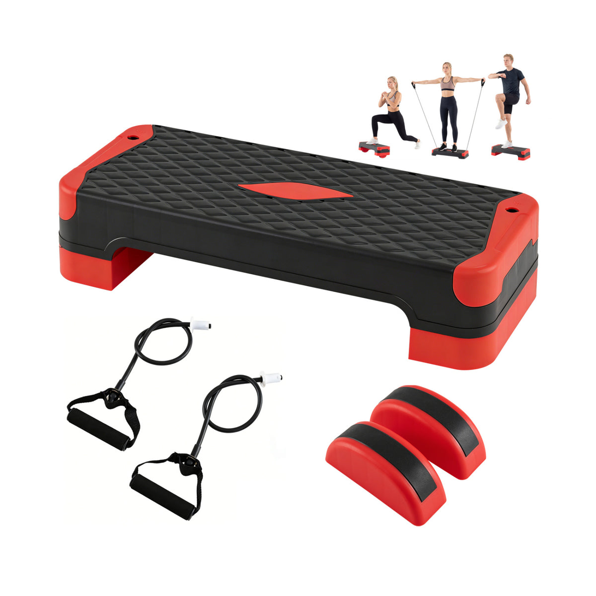 3-in-1 Aerobic Step Platform Set with Risers, Balance Trainers & Resistance Bands - Red Variation