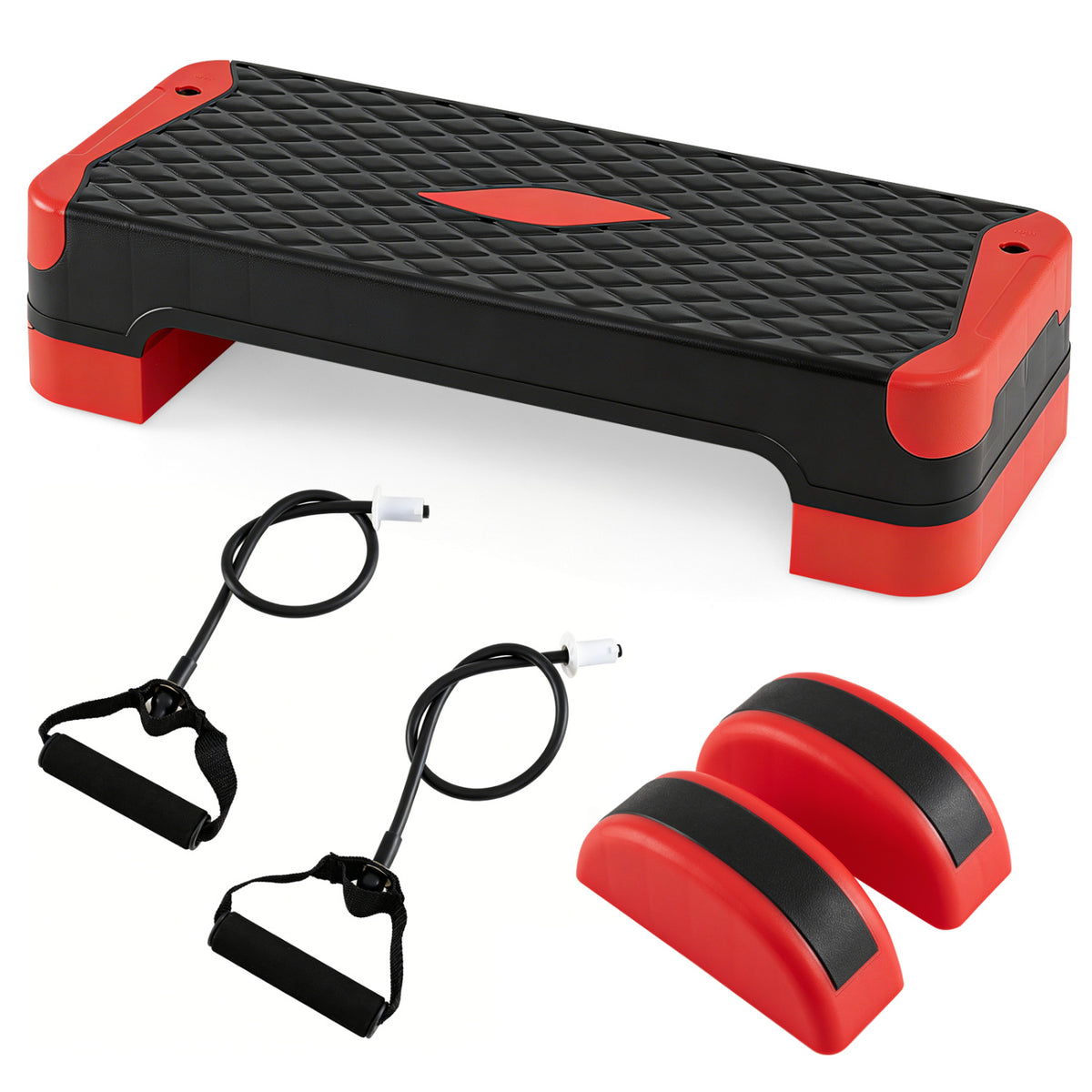 3-in-1 Aerobic Step Platform Set with Risers, Balance Trainers & Resistance Bands - Red Variation