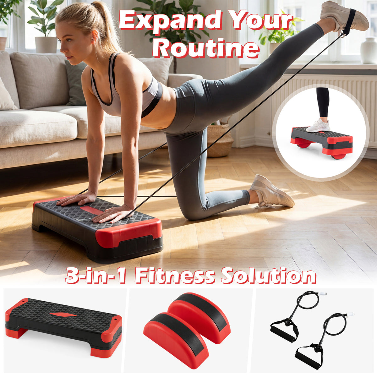 3-in-1 Aerobic Step Platform Set with Risers, Balance Trainers & Resistance Bands - Red Variation