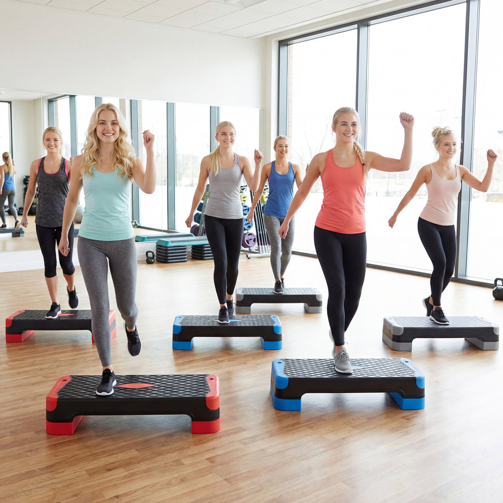 3-in-1 Aerobic Step Platform Set with Risers, Balance Trainers & Resistance Bands - Red Variation