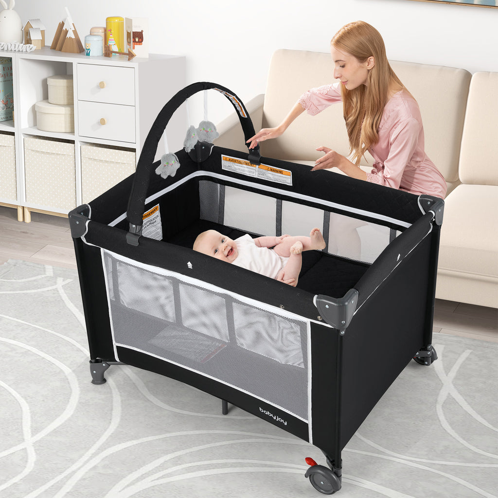 Black 3-in-1 Portable Baby Crib Playpen with Changing Table & Mesh Sides
