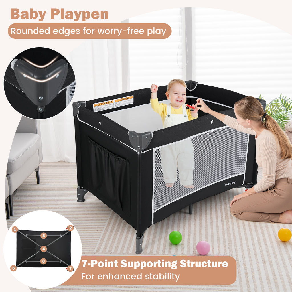 Black 3-in-1 Portable Baby Crib Playpen with Changing Table & Mesh Sides