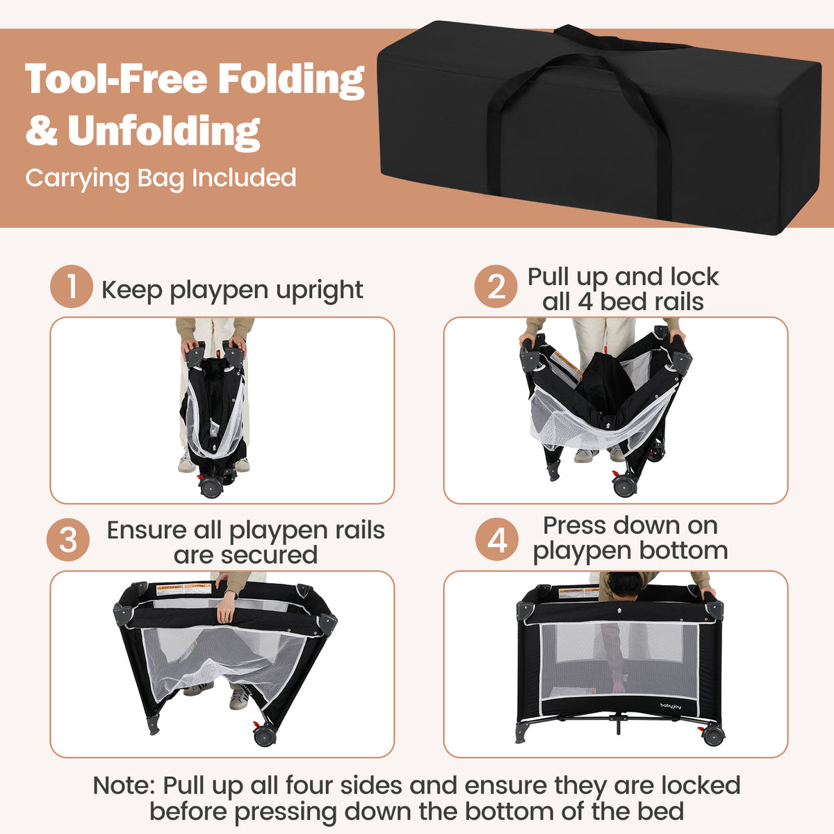 Black 3-in-1 Portable Baby Crib Playpen with Changing Table & Mesh Sides