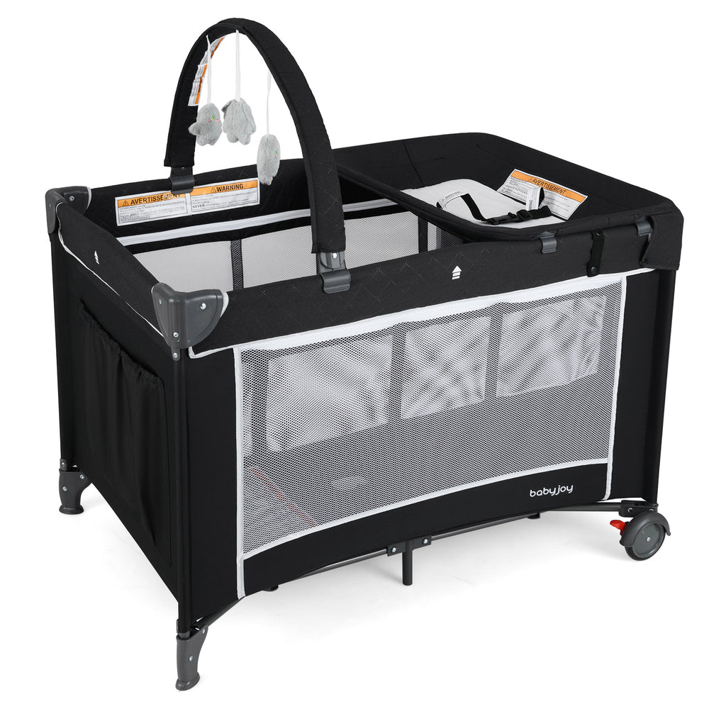 Black 3-in-1 Portable Baby Crib Playpen with Changing Table & Mesh Sides